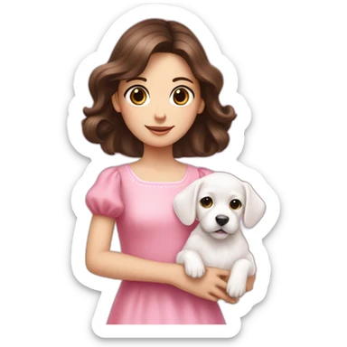 girl brunette hold on the hand small white puppy in pink dress sticker