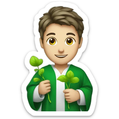 a European-looking student in a green robe with a sprout of green in his hands sticker