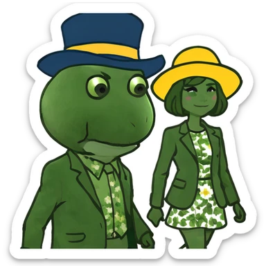 A ball headed black man walking away from a brunette haired, white lady sticker