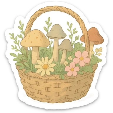 basket full of forest goodies including mushrooms, herbs, flowers in soft pastel colors, soft Ghibli style sticker