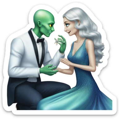 alien reptilian green skin woman, in long slim pastel blue formal party satin dress with gradient shiny sparkling navy blue diamonds embroidered , and caucasian man in black dres on his knees asks her to marry her sticker