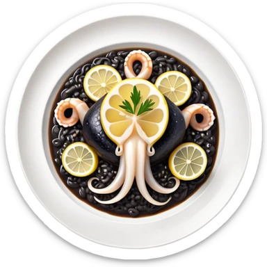 cinematic-realistic-black-risotto-dish,-showcasing-lagre squid pieces-rendered-with-bold-textures-and-dynamic,-dramatic-lighting in a white plate with a single slice of grilled lemon on top sticker