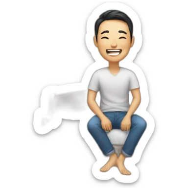 asian man laughing while sitting on the bed sticker