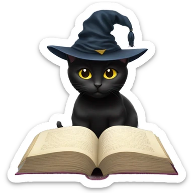 A black cat wearing a wizard hat reading a book with sticker