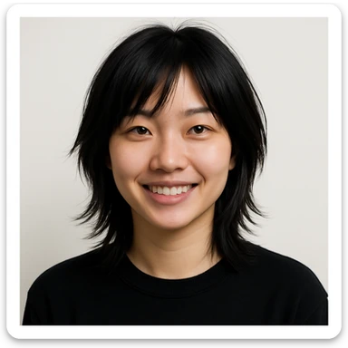 portrait of a Chinese girl with black layered hair, modern, friendly expression, clean background sticker