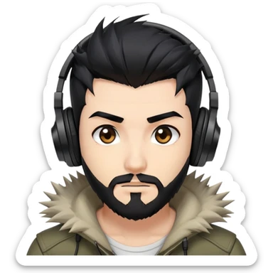 Highly detailed anime-style man with spiky black hair, expressive brown eyes, neat black beard, wearing professional gaming headphones, sharp facial features, anime shading and highlights sticker