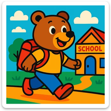 a bear walking to school, cheerful, cartoon style, vibrant colors sticker
