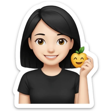 a pretty bratz fair girl with straight black hair, wearing a black tshirt, smiling sticker