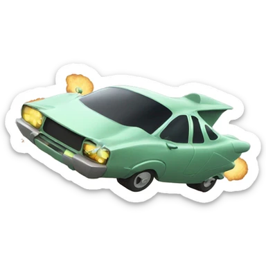 A flying car crashing into a alien sticker