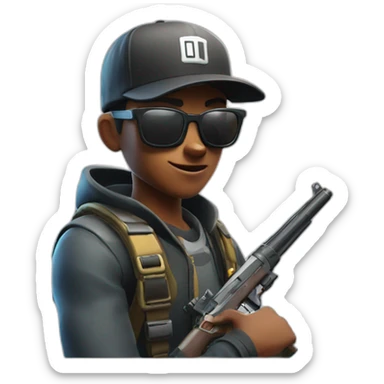 Boy with sunglasses and cap in fortnite with gun sticker