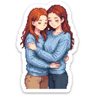 A red-haired girl in a beige blouse hugging a brunette in a blue sweater, pastel colors sticker