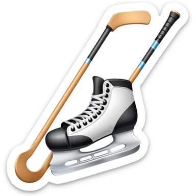 Please, make An icon featuring close-up shots of key hockey equipment: a hockey stick, puck, and skates. The background shows a packed stadium with cheering fans, bright arena lights, and an icy rink. Transparent background highlights the essentials of the game and the thrill of the sport. sticker