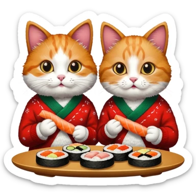 2 cats in christmas sweaters eating sushi sticker