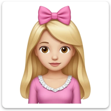 Create a custom emoji of a coquette-style girl with long blonde hair, brown eyes, fair skin, wearing a pink outfit with a cute bow in her hair. sticker