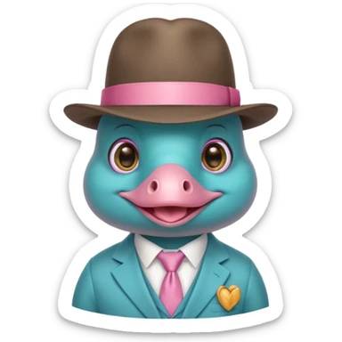 cute light blue turqiouse platypus head, smiling with big eyes with a detective hat and monocle on his eye, no  hands, looks like a platypus but blue, the hat and suit are pink sticker
