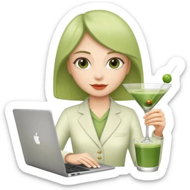 Woman holding martini and matcha with laptop sticker