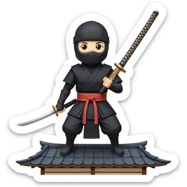 A ninja wielding a samurai sword stands on the roof of a Japanese house. sticker