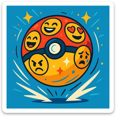 A Poké Ball covered in different emoji faces, bouncing with energy, vibrant animated style with sparkles and motion effects sticker