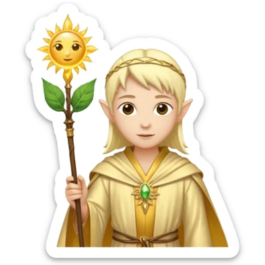 {
      "type": "human",
      "look": "light elf healer, golden robe, staff with leaf and sun",
      "description": "a light elf healer wearing a golden robe and holding a staff with leaf and sun"
    } sticker