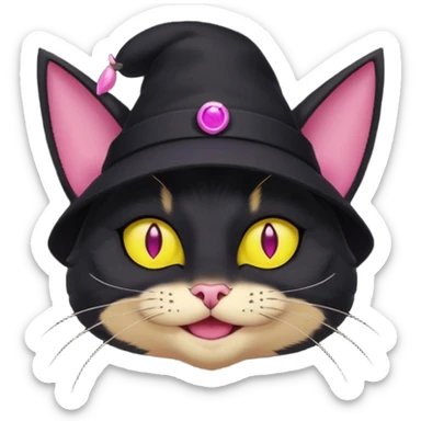 image friend from deltarune, a cat with a pink eye and a yellow eye, and black fur and pointy ears smiling sticker