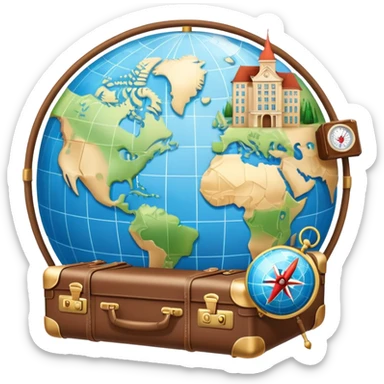 An icon featuring a suitcase, 1 globe, and a hotel building, symbolizing tourism and hospitality studies. The design includes a map and compass, representing travel research and industry analysis. Transparent background sticker