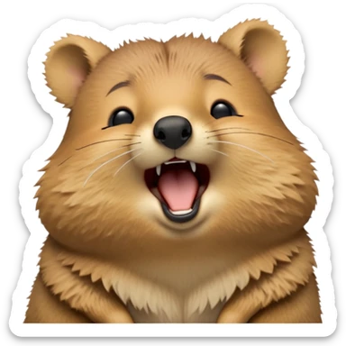 cinematic-realistic  yawning quokka-emoji,-small-round-frame, head tilted in an endearing manner, wouth wide open yawning, sleepy comical smile, fluffy cheeks, giant-fluffy-cheeks-large-smile-fluffy-brown-fur-radiating-a-warm-softness,-big-round-eyes-filled-with-joy, realistic round  fluffy zoomed in, large black eyes one paw raised in the air sticker