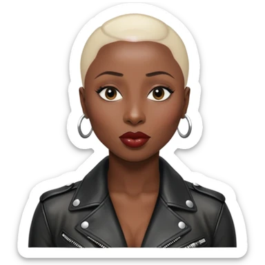 Cynthia erivo shiny black hair no eyebrows leather jacket Alluring black woman wide nose bald head big glossy lips sticker