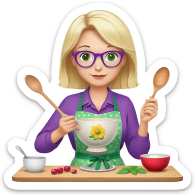 middle aged woman with shoulder length blonde hair, purple glasses, green eyes, flower apron, holding a bowl and mixing spoon sticker