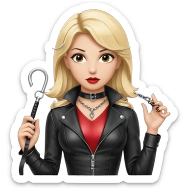 Dominatrix with blonde hair, leather outfit, long key necklace, and a whip sticker