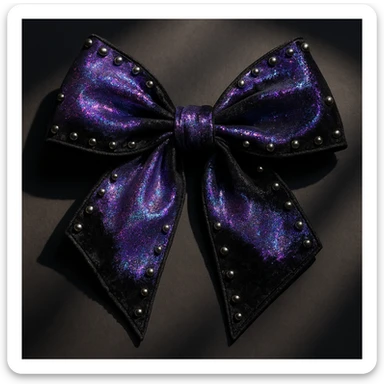 goth bow with velvet texture, holographic purple and black, silver studs, dramatic shadows, holographic effect sticker