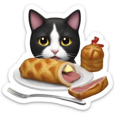 tuxedo cat eating a beef wellington  sticker