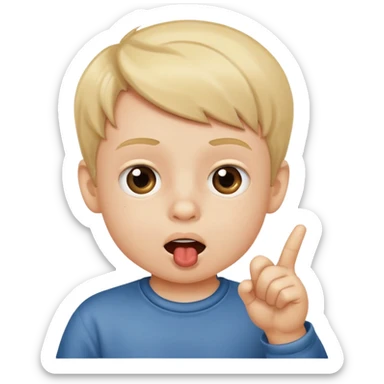 little boy pointing at his mouth sticker