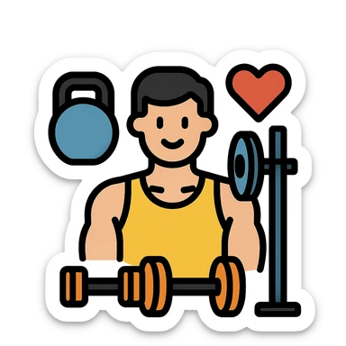 one man surrounded by gym equipment, showing love for fitness, icon style, clean lines, fitness theme sticker