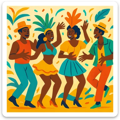 Black dancers performing samba, hands inviting, energetic, lively, bright costumes, celebration mood sticker