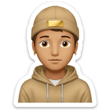 {
  "type": "human",
  "look": "male, tan hoodie, brown cap, gold jewelry, calm face, front view",
  "description": "a young man wearing a hoodie and cap, looking relaxed and confident"
} sticker