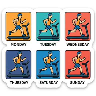 A picture is into seven parts showing a sportsman runnig on the treadmill. In each little picture there is a name of the days of the week, from monday to sunday sticker