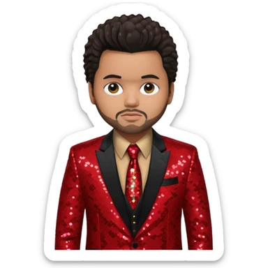 The Weeknd with dark brown hair, red sequin suit jacket, black shirt with tie sticker