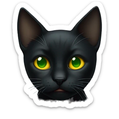 black cat with green and yellow eyes and with white place on his mouth and nose that looks like tear but nose is black sticker
