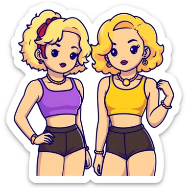 Full body of two teenage girls standing together, one white with straight blonde hair and one brown-skinned with curly dark hair, both with heavy makeup, big lips, crop tops, gold jewelry and flashy choni style outfits sticker