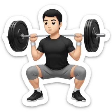 Hombre de cabello negro, tez moreno claro, vestido con playera negra, pants gris y tenis blancos tipo jordan haciendo sentadilla libre con barra con un disco de 20 kilos por lado visto de perfil  sticker