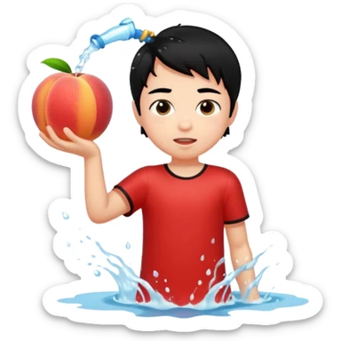 a peach splashing water in boy's mouth above his with black hair and red dress sticker