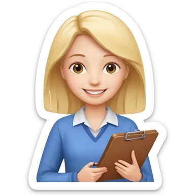 female character holding a clipboard, smiling sticker