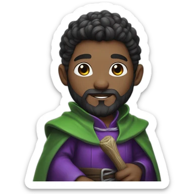 Little mage. Happy. Green cloths. Young look. Black beard. White skin. Magical Stick in hands with top purple. sticker