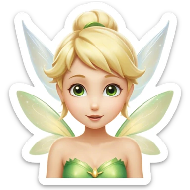 Cinematic Realistic Blonde Tinker Bell Fairy Portrait, head tilted playfully and inquisitively, showcasing a delicate pixie form with finely detailed, golden blonde hair and softly glowing, translucent wings that catch the light with a cascade of fairy dust. Her bright, curious eyes sparkle with mischief and wonder, rendered with lifelike clarity and warm, gentle lighting that captures the essence of a spirited, charming fairy ready to flutter playfully into your heart. sticker