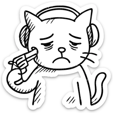 tired sad cat with headphones and gun, hand drawn outlined icon sticker