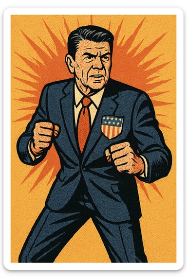 The full body of US President Reagan looking determined with his fists out ready to fight. He has a large US flag badge on his chest sticker