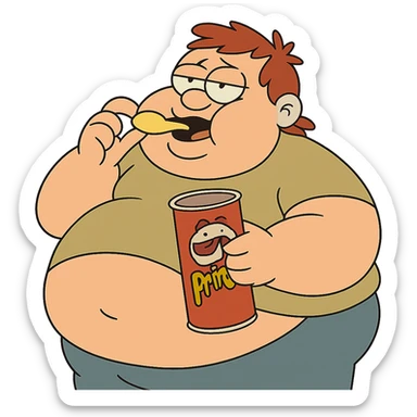 Make the fat Pringle munching character even fatter, keeping the playful cartoon style, no background. sticker