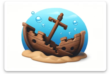 3D iPhone style emoji of a sunken ship underwater, lying on the ocean floor, broken details, surrounded by bubbles and soft blue water effect, isolated on white background, soft shadows, high detail, playful and cute. sticker