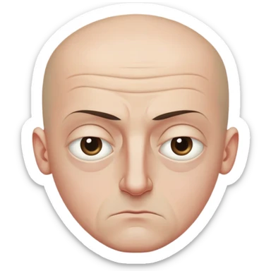 Steven Miller, bald, scowling expression, narrow rectangular head, bottom lip sticking out, eyelids almost closed and lower on the outside, dark circles around eyes sticker