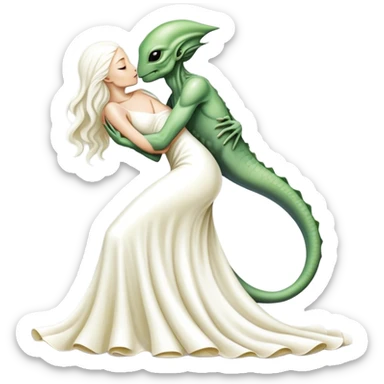 Alien reptilian woman in white dress hugs and kissing "white male human man" sticker